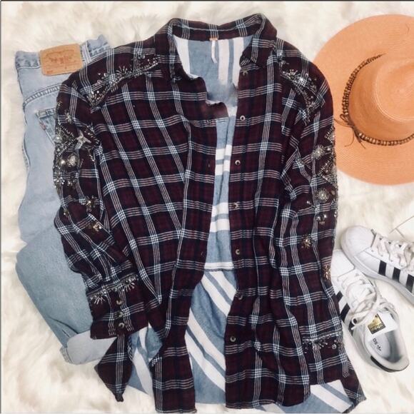 FP FREE PEOPLE Silver Sequin Bead Oversized Red Flannel Plaid Button Shirt XS - Picture 4 of 16